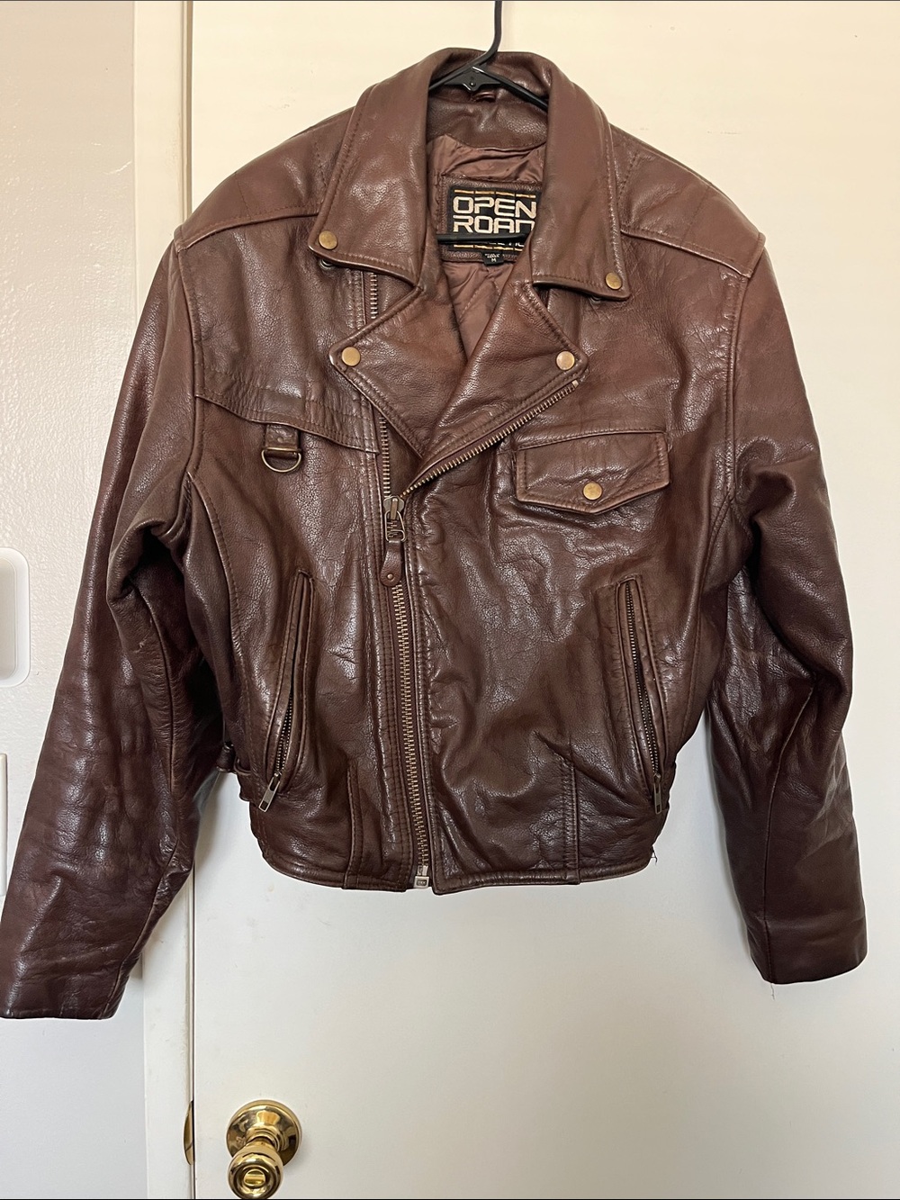 VINTAGE Brown 100% Leather Genuine Biker Bomber Open Road 90s Men M